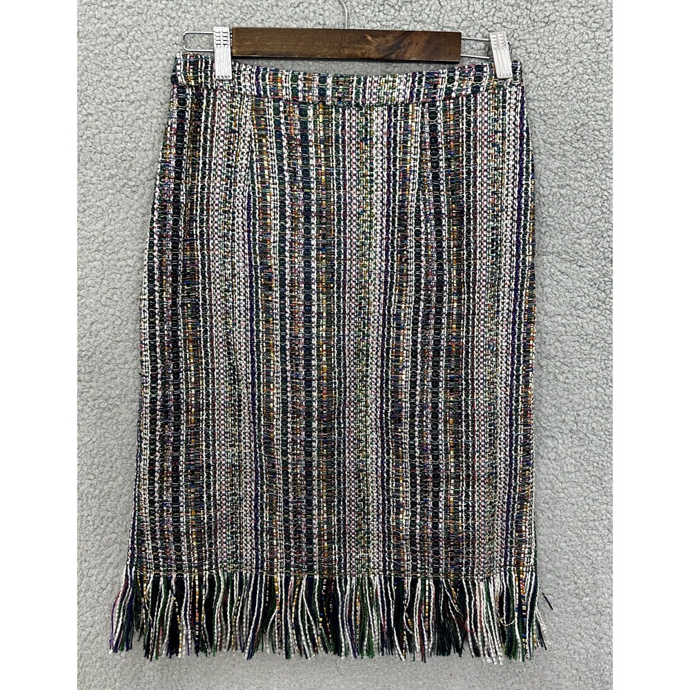 Anthropologie Maeve Skirt 4 Multicolor Tweed Fringe Hem Mod Retro Cottagecore